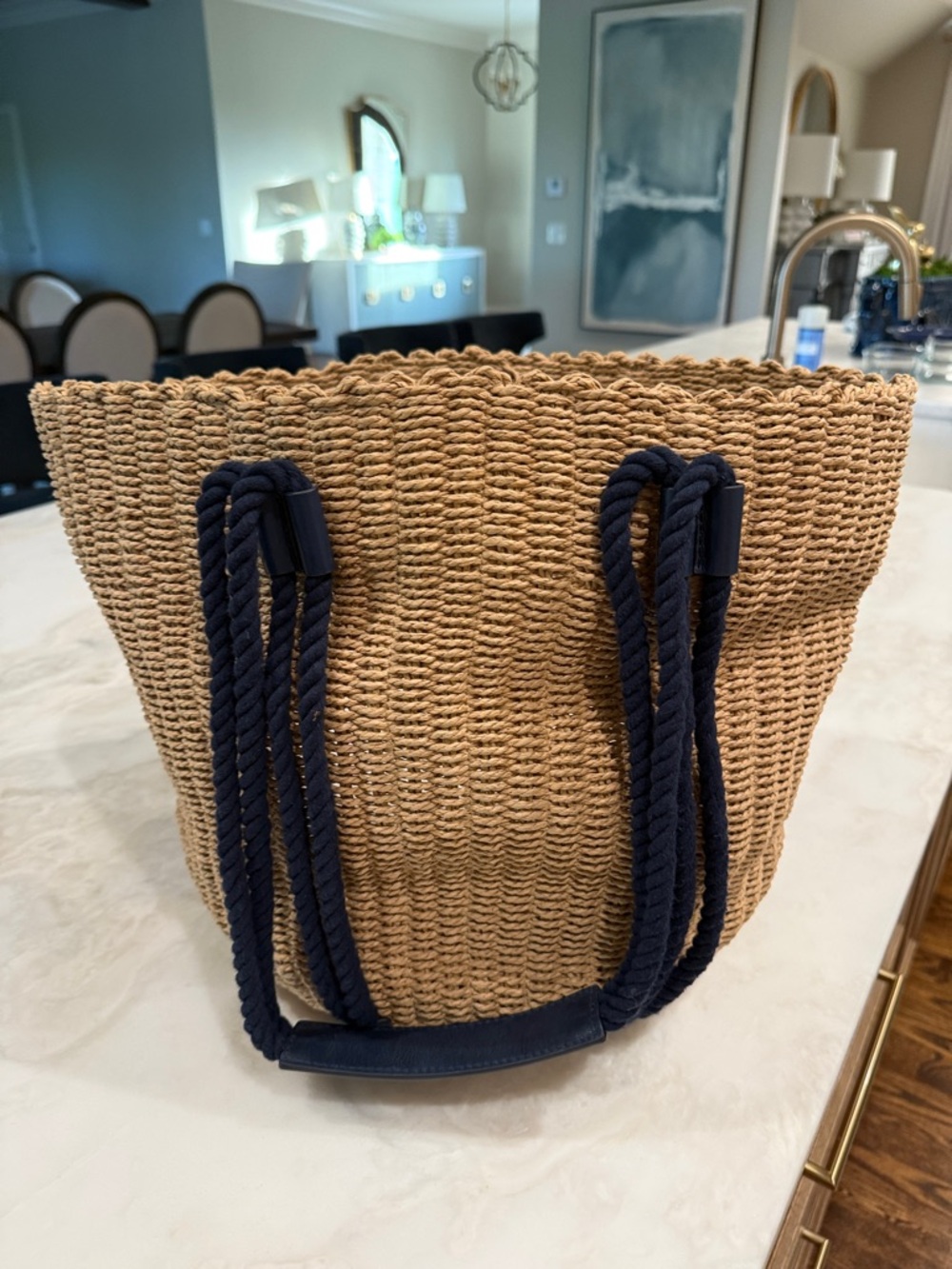 J. Crew Tan Woven Tote with Navy Rope Handles